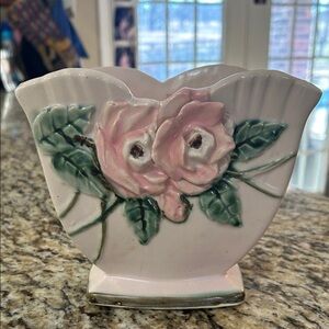 Vintage 1940’s McCoy Blossom Time Floral Ceramic Vase with Pink Roses